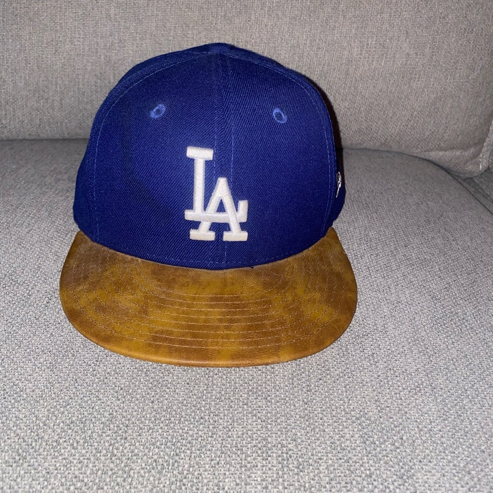 New Era Los Angeles Dodgers blue LA SnapBack hat w leather type brim